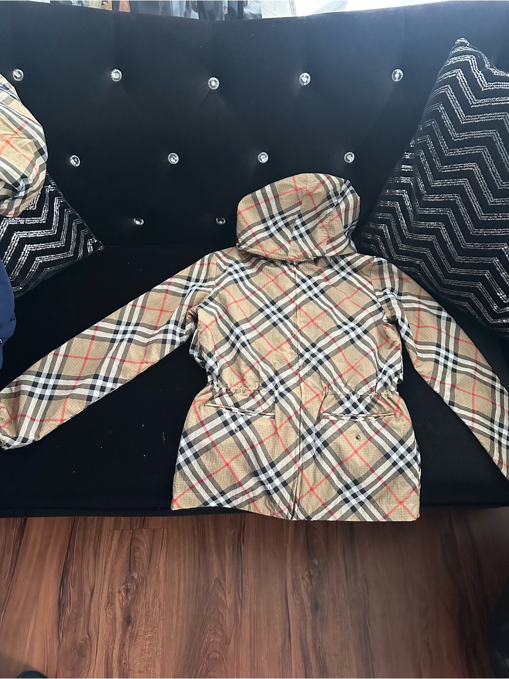 Burberry Beige Check Hooded Kids Raincoat with Red Accents